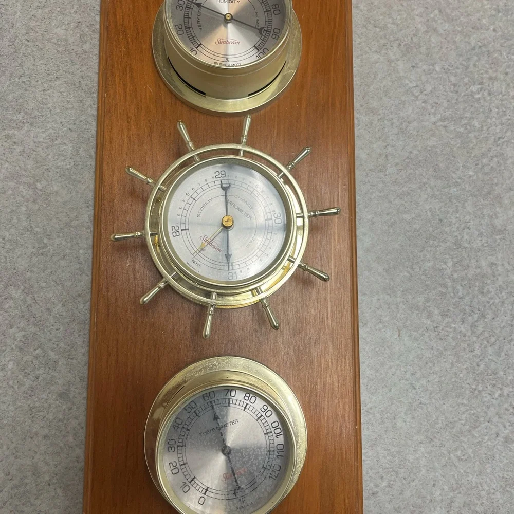 Vintage Sunbeam Nautical Wooden Weather, Temp & Barometer Wall Display 16x4x7